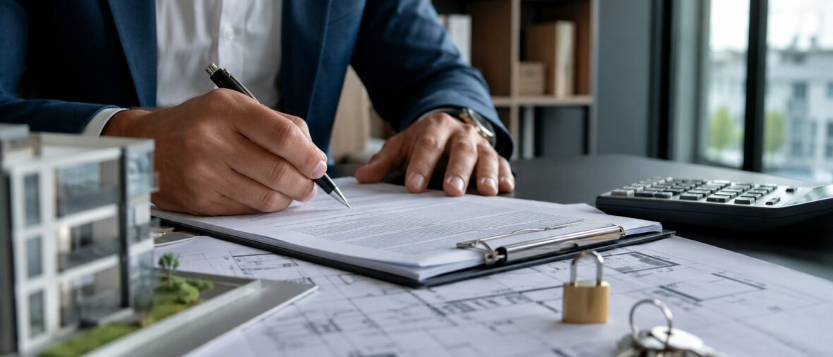 Propriétaire bailleur signant un contrat d'assurance loyers impayés avec clés et maquette immobilière