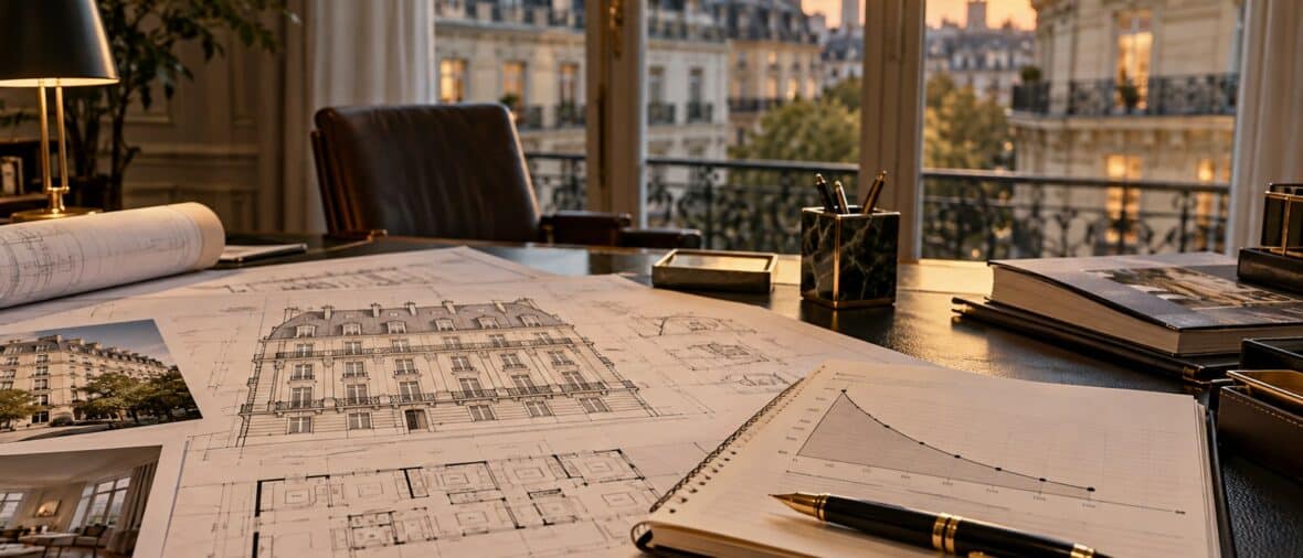 Bureau d'investisseur immobilier avec plans d'architecture parisiens et graphique de rendement