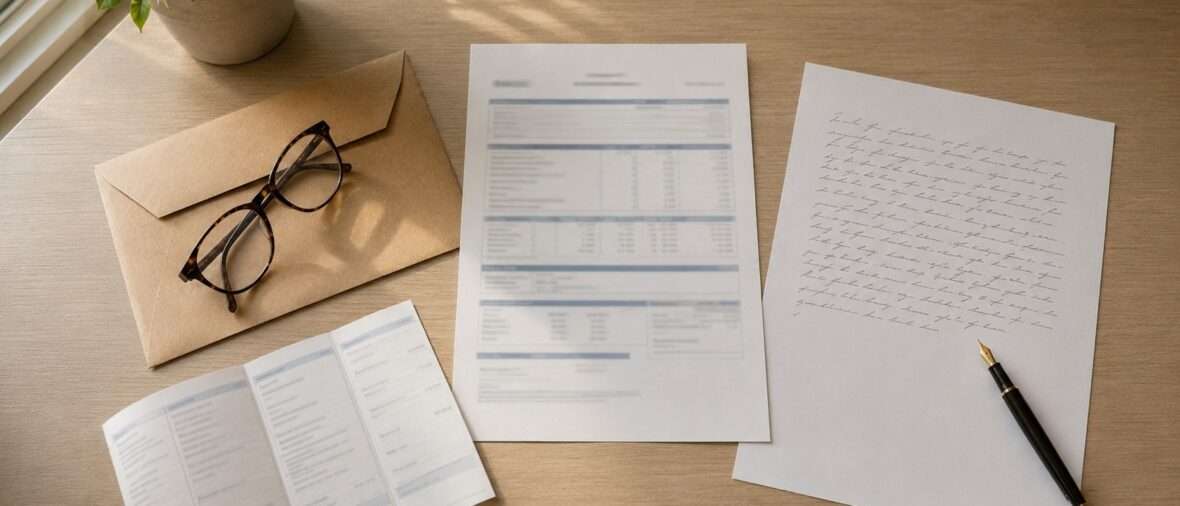 avis de taxe foncière sur bureau avec lettre de contestation et lunettes